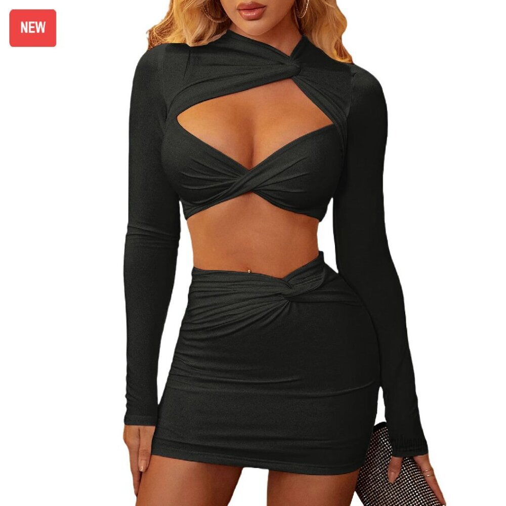 Long Sleeve Crop Top Cut Out Twist Front Bodycon Mini Skirt Set